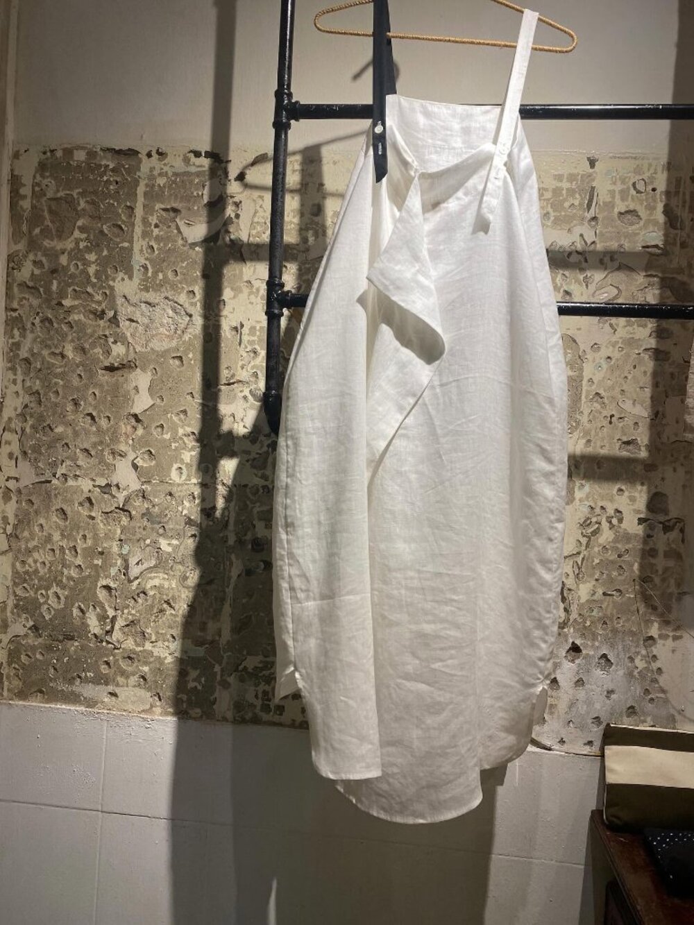 Japanese White Linen Pinafore Apron Dress Asymmetrical Strap Origami Back S